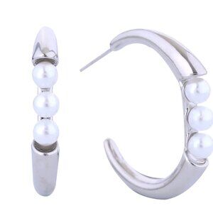 New Silver14K Dipped Pearl Crescent CZ Hoop Earrings Hypoallergenic Nickel Free
